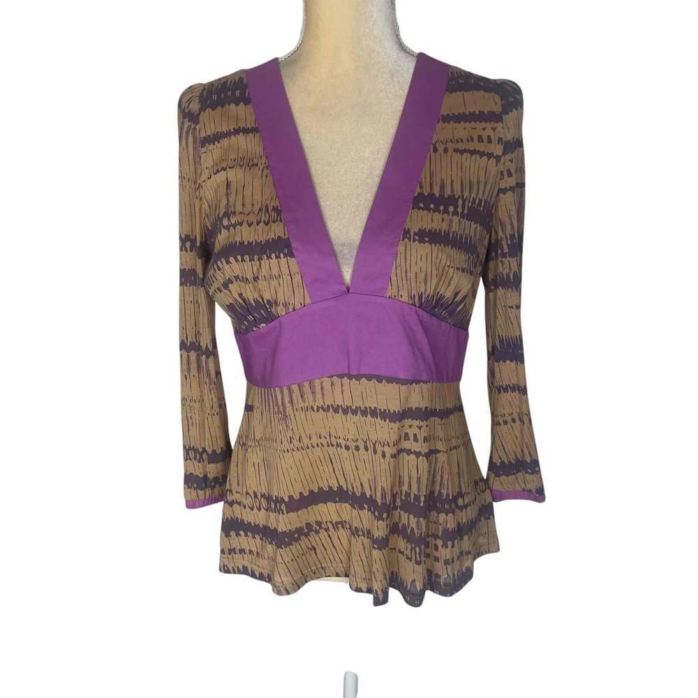 TOCCA Womens Purple Patterned Long Sleeve V-Neck Top Size Large